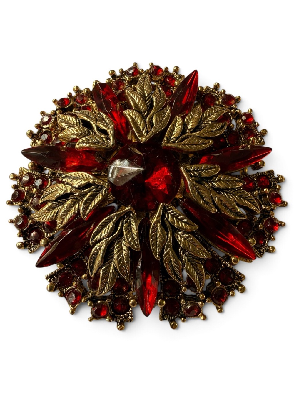 Vintage Gold-Tone & Deep Red Rhinestone Convertible Brooch/Pendant